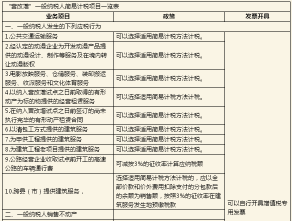 一般纳税人项目开具专票一览表